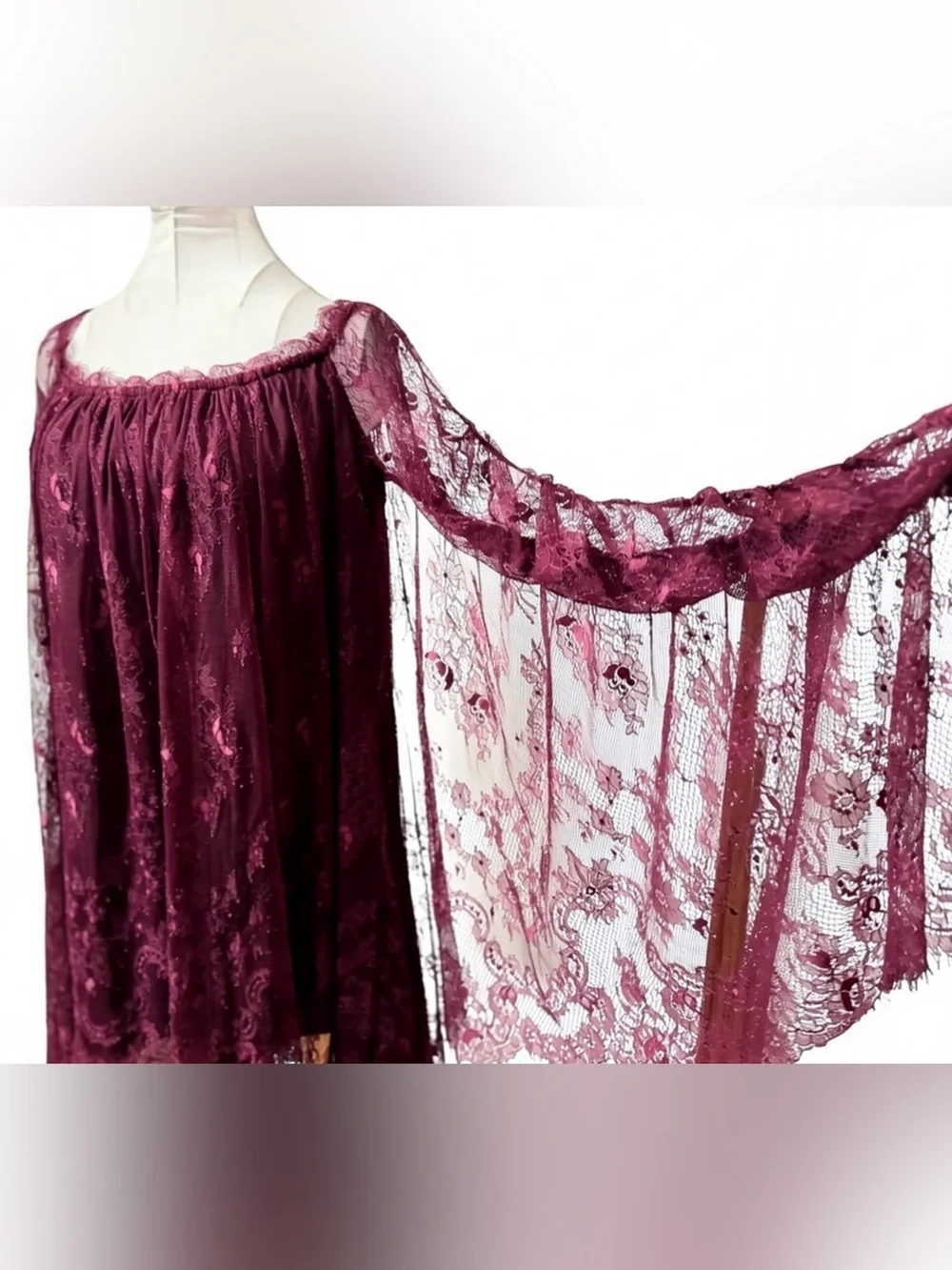 Free People Purple Lace Off The Shoulder Tunic Dress Ruched Cape Sleeve NWOT S